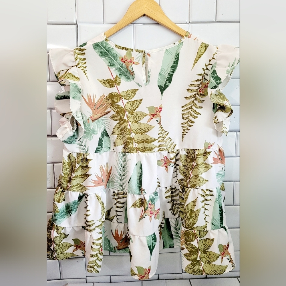 Shein Ladies Short Sleeve Blouse Flirty Cream Green Tropical Print Tiered Full B - Picture 3 of 4